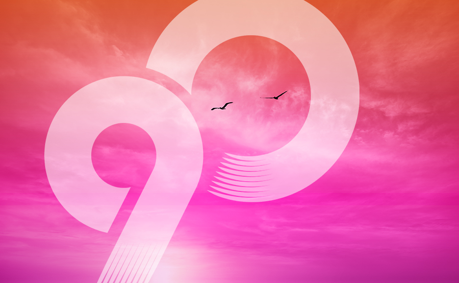 A pink sky with two birds and the number "90"