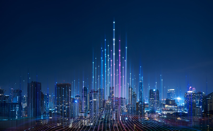 Smart cities and abstract dot points are connected by gradient lines