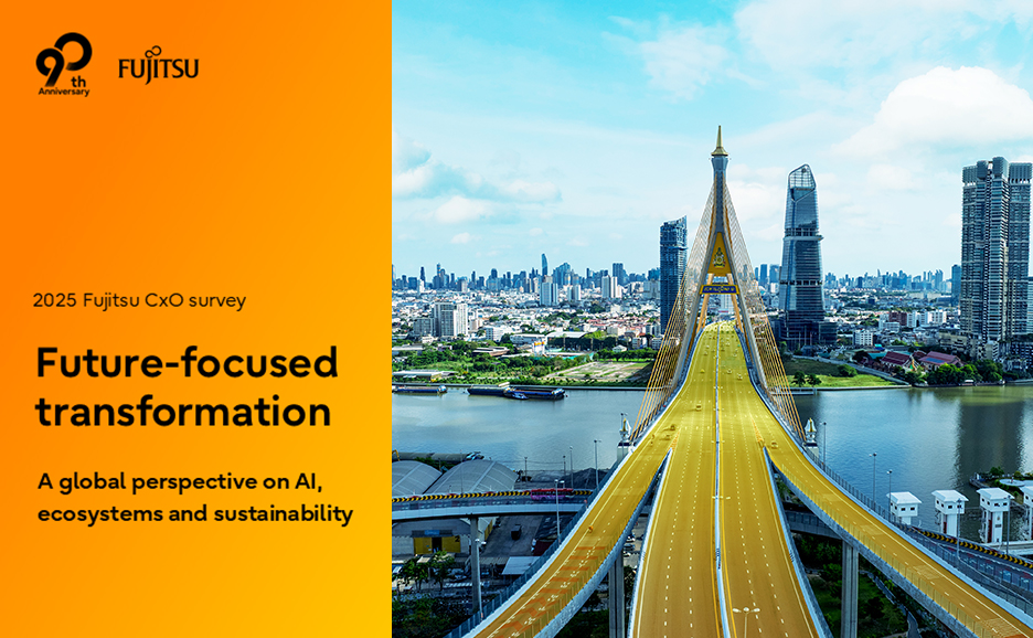 CxO survey report cover. A modern cable-stayed bridge over a river, connecting cityscapes under a bright sky.