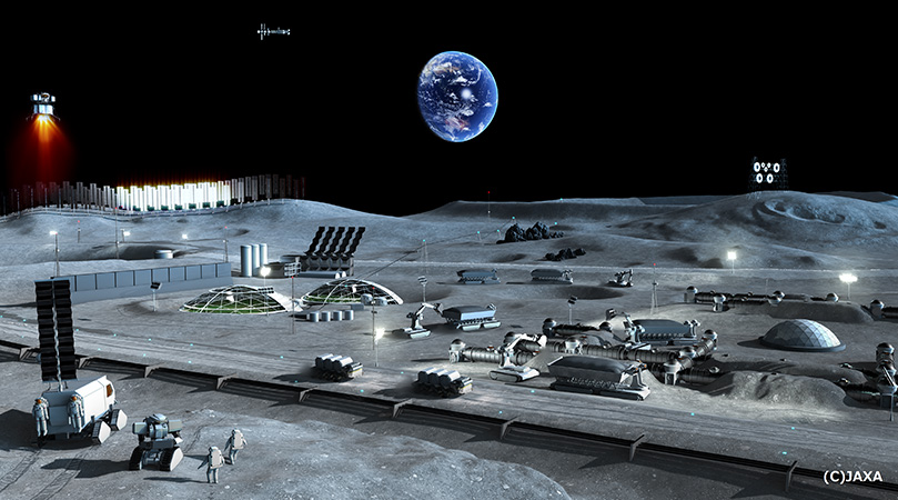 Illustration depicting a lunar base on the Moon's surface, with various buildings, facilities, and activities. Earth is visible in the background. Image courtesy of JAXA.