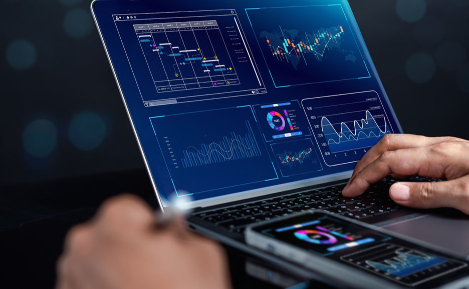 A laptop displaying data.