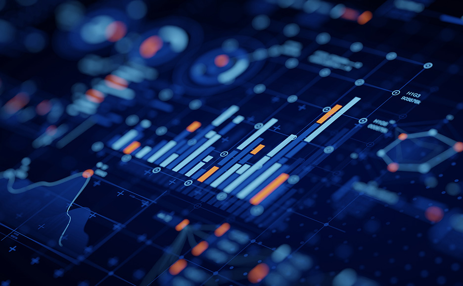 回路基板を流れるデジタルデータとコンピュータチップ。