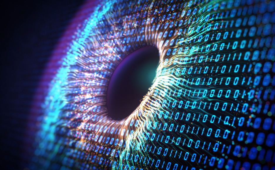 バイナリコードの虹彩を持つデジタルな目。