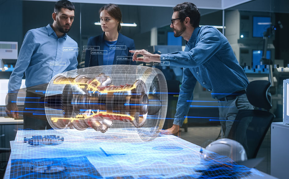 Three engineers viewing an augmented reality jet engine simulation in a conference room