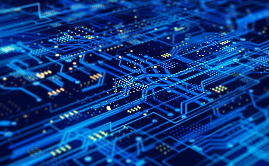 青いコンピュータ回路基板のクローズアップ。