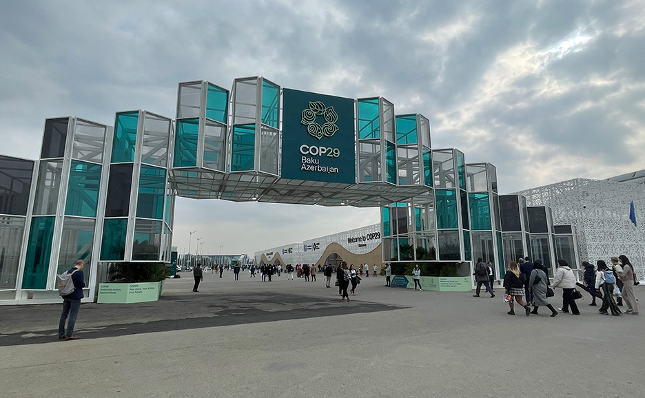 A group of people entering Cop29 venue
