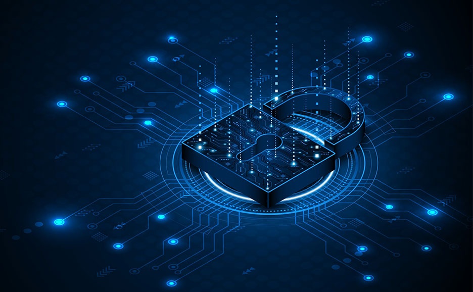 デジタル回路基板上に描かれた鍵と鍵穴のついた南京錠。