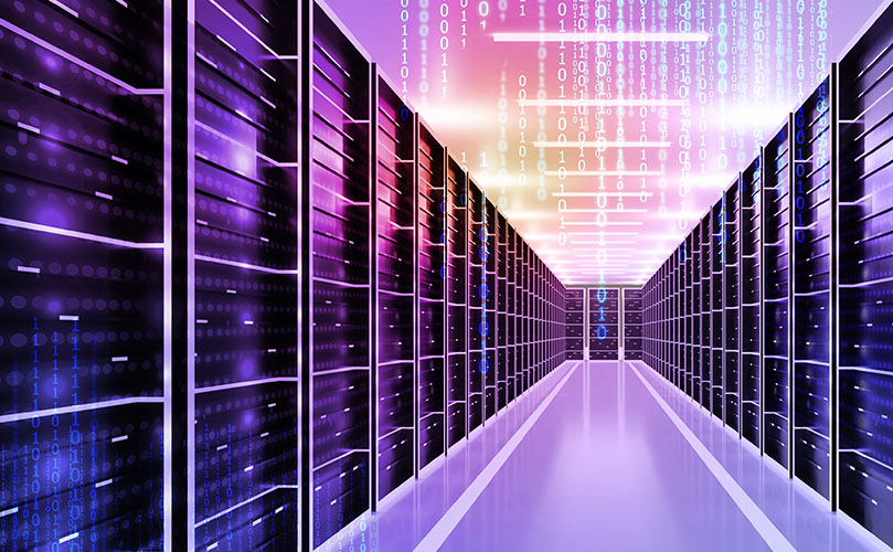 Cyber server rack aisle with flowing binary code.