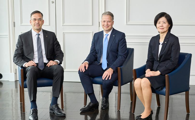 Photo of External Directors Takuya Hirano, Byron Gill, and Yoshiko Kojo, from left to right.