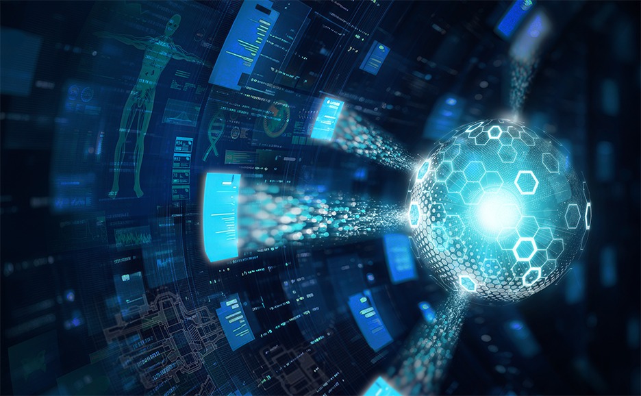 Digital bio-information spreading from a sphere, symbolizing technology.