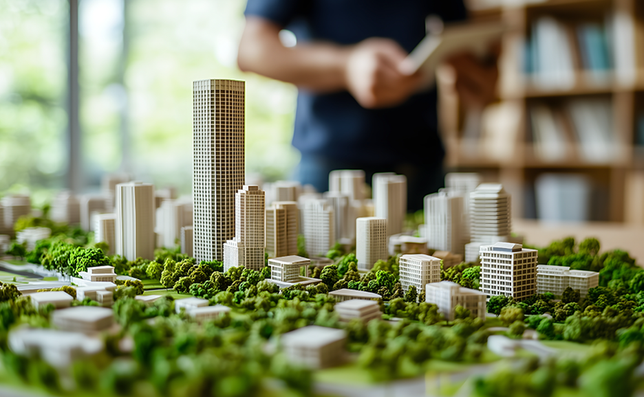 Urban landscape of an architectural model. A person holding documents stands in the background.