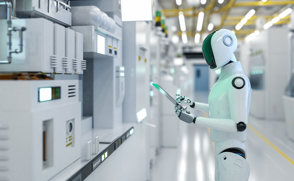 A robot operates a tablet, monitoring machinery in a modern factory.