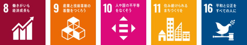 Icons for SDGs Goal 8 "Decent Work and Economic Growth," Goal 9 "Industry, Innovation and Infrastructure," Goal 10 "Reduced Inequalities," Goal 11 "Sustainable Cities and Communities," and Goal 16 "Peace, Justice, and Strong Institutions."