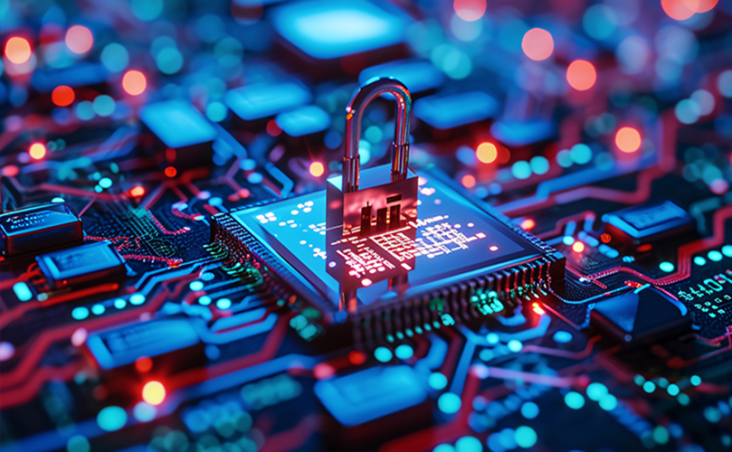 A close-up of a padlock resting on a green circuit board